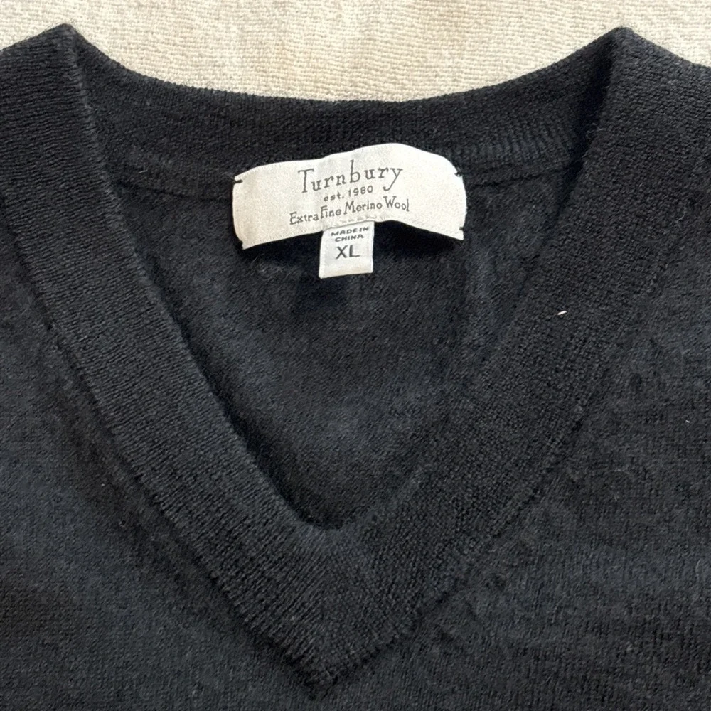 Turnbury Mens Sweater Vest Extra Fine Merino Wool‎ Size XL Black V Neck Office